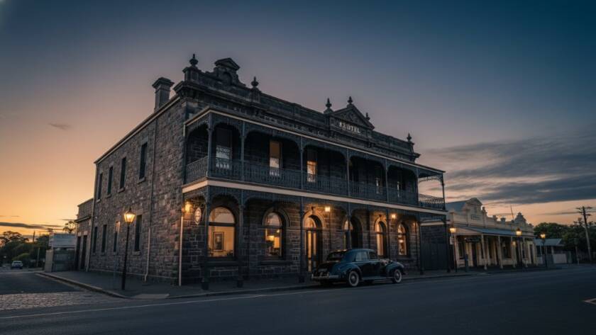Dramatic low-light shot of the historic Keilor Hotel facade at dusk, showcasing its intricate Victorian details with soft streetlights illuminating the building, embodying Iconic Keilor Architectural Photography Melbourne Heritage.