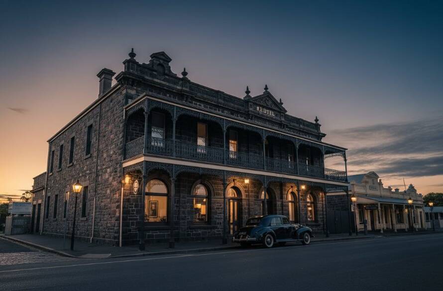 Dramatic low-light shot of the historic Keilor Hotel facade at dusk, showcasing its intricate Victorian details with soft streetlights illuminating the building, embodying Iconic Keilor Architectural Photography Melbourne Heritage.