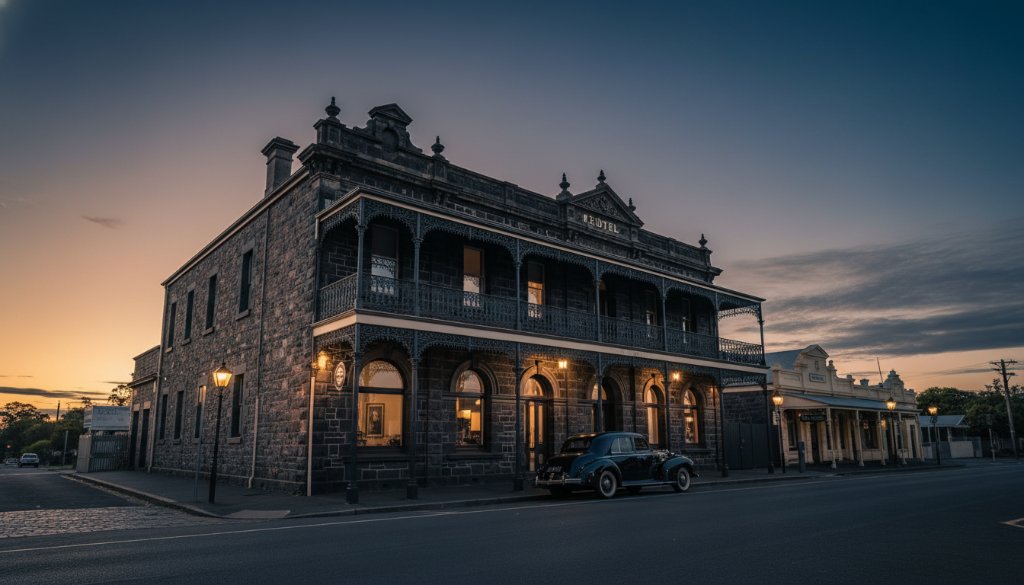 Dramatic low-light shot of the historic Keilor Hotel facade at dusk, showcasing its intricate Victorian details with soft streetlights illuminating the building, embodying Iconic Keilor Architectural Photography Melbourne Heritage.