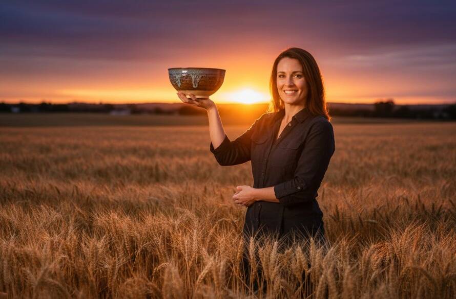 An 'epic moment' style photograph showcasing impactful advertising imagery for a Clyde business. A local artisan proudly presenting a handcrafted product with dramatic backlighting at sunset near Clyde's rural landscapes, capturing the essence of quality and local charm, ideal for powerful advertising campaigns.