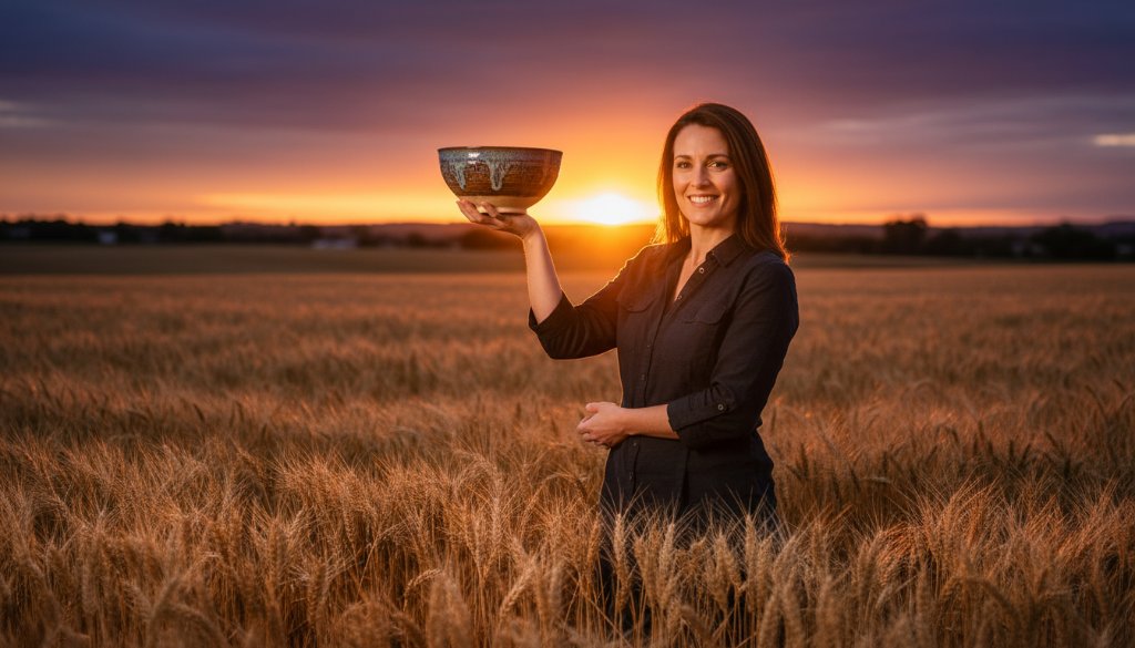 An 'epic moment' style photograph showcasing impactful advertising imagery for a Clyde business. A local artisan proudly presenting a handcrafted product with dramatic backlighting at sunset near Clyde's rural landscapes, capturing the essence of quality and local charm, ideal for powerful advertising campaigns.
