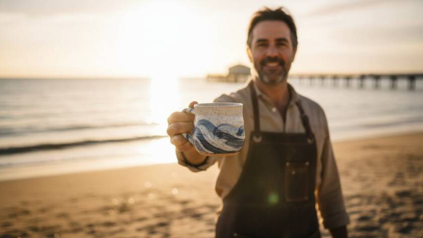 Dramatic, high-impact photograph showcasing a local Chelsea business owner proudly presenting their artisanal product, bathed in golden hour light on the Chelsea beach foreshore, capturing the essence of impactful advertising photography for Chelsea Victoria businesses.