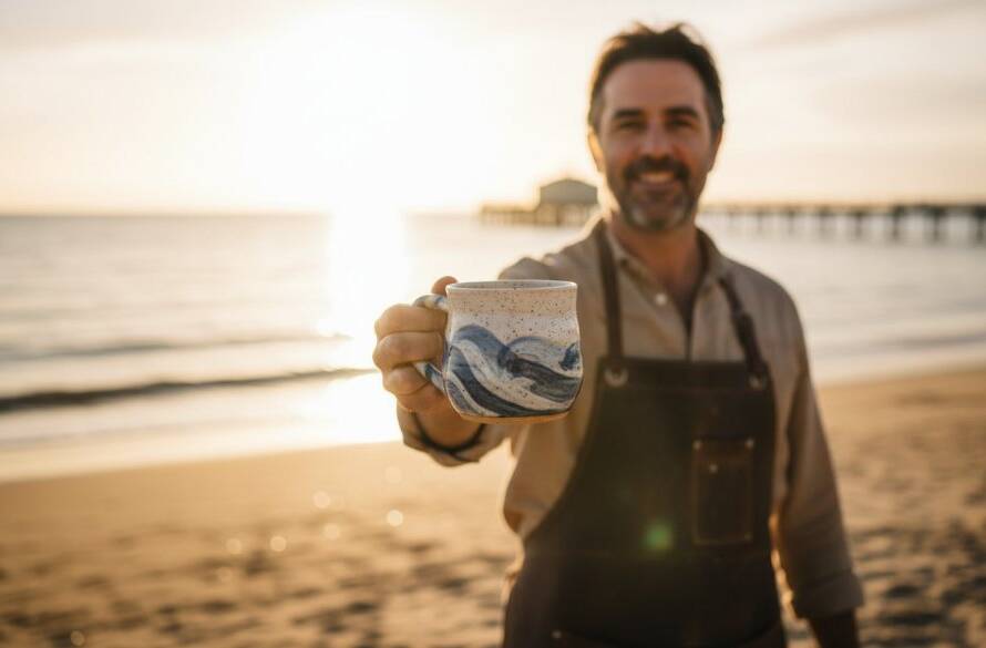 Dramatic, high-impact photograph showcasing a local Chelsea business owner proudly presenting their artisanal product, bathed in golden hour light on the Chelsea beach foreshore, capturing the essence of impactful advertising photography for Chelsea Victoria businesses.