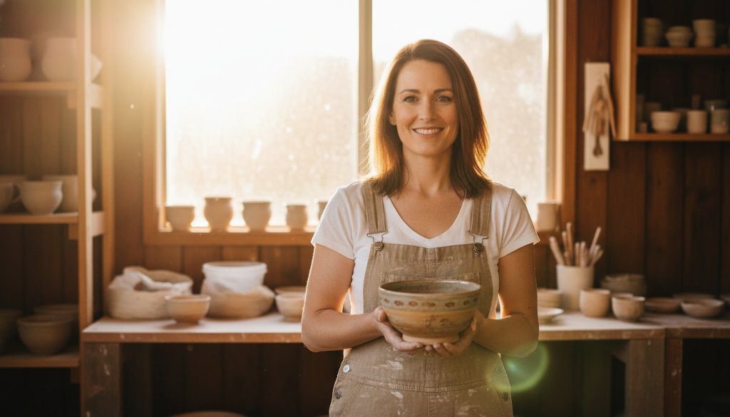 An impactful advertising photography Drouin businesses hero shot: a dynamic, professional image featuring a local Drouin artisan proudly presenting their handcrafted product with dramatic lighting and a rustic, authentic Drouin setting.