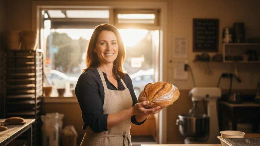 An impactful advertising photography Oakleigh East Victoria shot featuring a dynamic local cafe owner proudly showcasing their artisanal coffee, bathed in warm, golden hour light, with the vibrant Oakleigh East street life softly blurred in the background, conveying authenticity and community spirit.