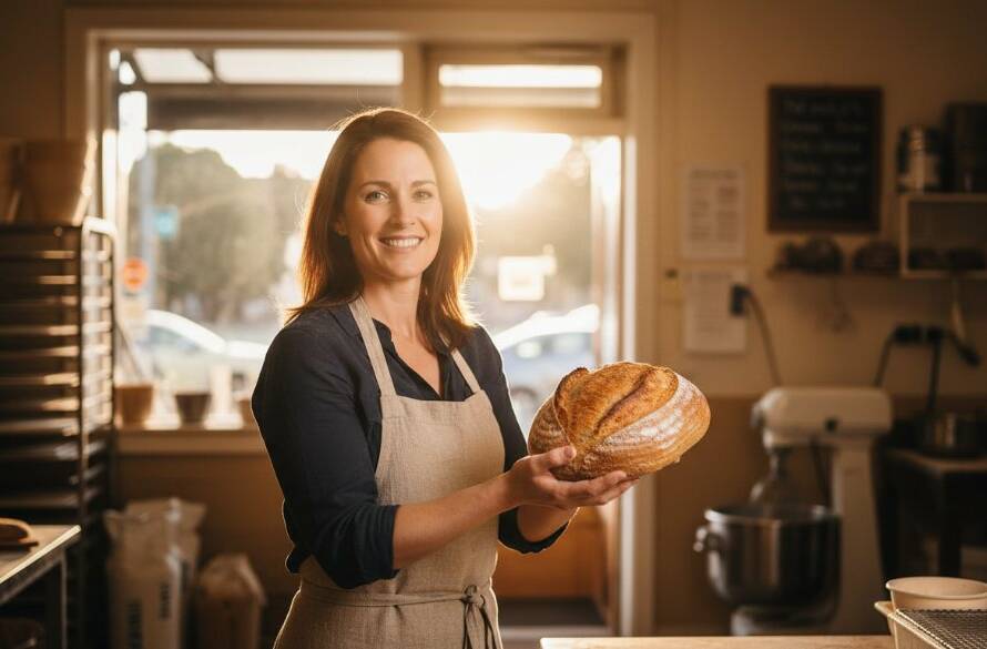 An impactful advertising photography Oakleigh East Victoria shot featuring a dynamic local cafe owner proudly showcasing their artisanal coffee, bathed in warm, golden hour light, with the vibrant Oakleigh East street life softly blurred in the background, conveying authenticity and community spirit.