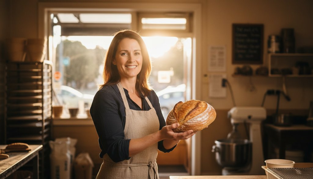An impactful advertising photography Oakleigh East Victoria shot featuring a dynamic local cafe owner proudly showcasing their artisanal coffee, bathed in warm, golden hour light, with the vibrant Oakleigh East street life softly blurred in the background, conveying authenticity and community spirit.