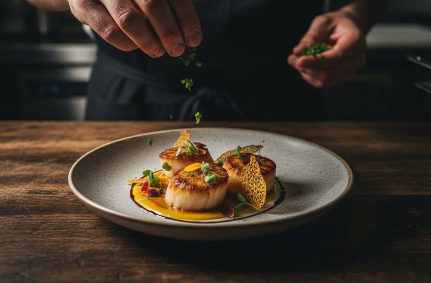 A high-angle, cinematic photograph for impactful advertising photography Oakleigh South Victoria, showcasing a gourmet dish of pan-seared scallops on an artisanal ceramic plate, dramatically lit on a dark wooden table in a sophisticated restaurant kitchen, conveying luxury and culinary excellence for an advertising campaign.