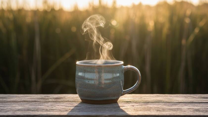 Dynamic hero shot capturing a local Seabrook business product – perhaps a gourmet coffee or artisan bread – bathed in dramatic morning light near the coastal wetlands, embodying impactful advertising photography Seabrook businesses need, with rich colours and a cinematic feel.