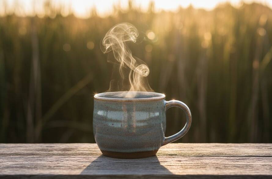 Dynamic hero shot capturing a local Seabrook business product – perhaps a gourmet coffee or artisan bread – bathed in dramatic morning light near the coastal wetlands, embodying impactful advertising photography Seabrook businesses need, with rich colours and a cinematic feel.