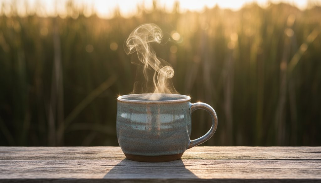 Dynamic hero shot capturing a local Seabrook business product – perhaps a gourmet coffee or artisan bread – bathed in dramatic morning light near the coastal wetlands, embodying impactful advertising photography Seabrook businesses need, with rich colours and a cinematic feel.