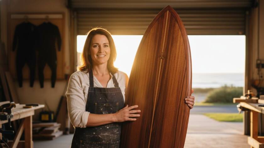 An impactful advertising photography Seaford Victoria businesses hero shot featuring a vibrant local cafe owner smiling genuinely while serving a perfectly crafted coffee at their bustling Seaford foreshore establishment, bathed in warm, early morning sunlight, showcasing authentic community connection.