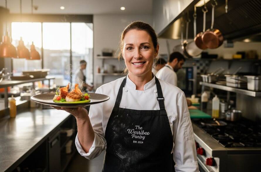 A dynamic wide-angle shot of a chef proudly presenting a beautifully plated dish in a modern Werribee cafe kitchen, bathed in warm, directional light, demonstrating impactful advertising photography Werribee businesses can achieve for their brand.
