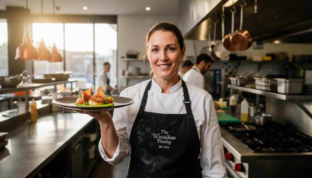 A dynamic wide-angle shot of a chef proudly presenting a beautifully plated dish in a modern Werribee cafe kitchen, bathed in warm, directional light, demonstrating impactful advertising photography Werribee businesses can achieve for their brand.