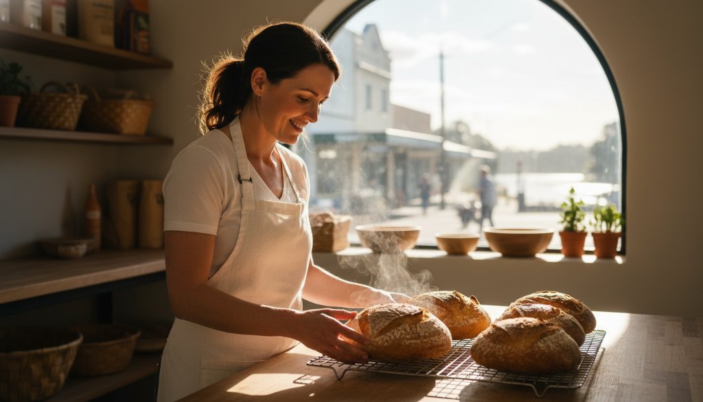Impactful Bairnsdale branding photography for local businesses featuring a confident female artisan showcasing her handcrafted pottery in a beautifully lit, rustic workshop near the Mitchell River, capturing an authentic moment of creation.