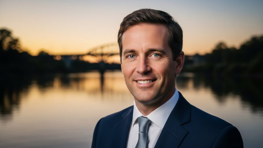 Dramatic, cinematic photograph of a confident male professional in a modern suit, looking directly at the camera with a determined expression, captured with dynamic lighting against the backdrop of the Mitchell River in Bairnsdale at sunset, reflecting the essence of impactful Bairnsdale professional portraits for local leaders, conveying strength and approachability.