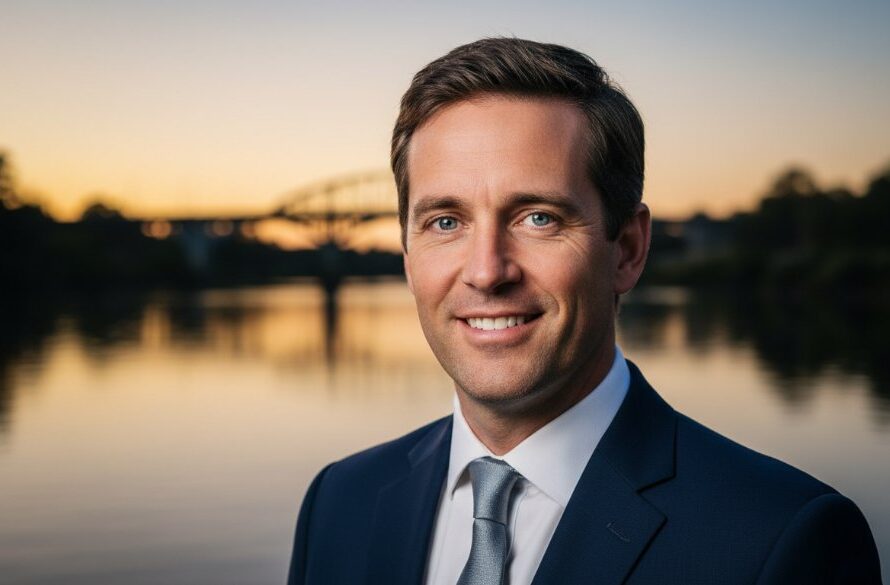 Dramatic, cinematic photograph of a confident male professional in a modern suit, looking directly at the camera with a determined expression, captured with dynamic lighting against the backdrop of the Mitchell River in Bairnsdale at sunset, reflecting the essence of impactful Bairnsdale professional portraits for local leaders, conveying strength and approachability.