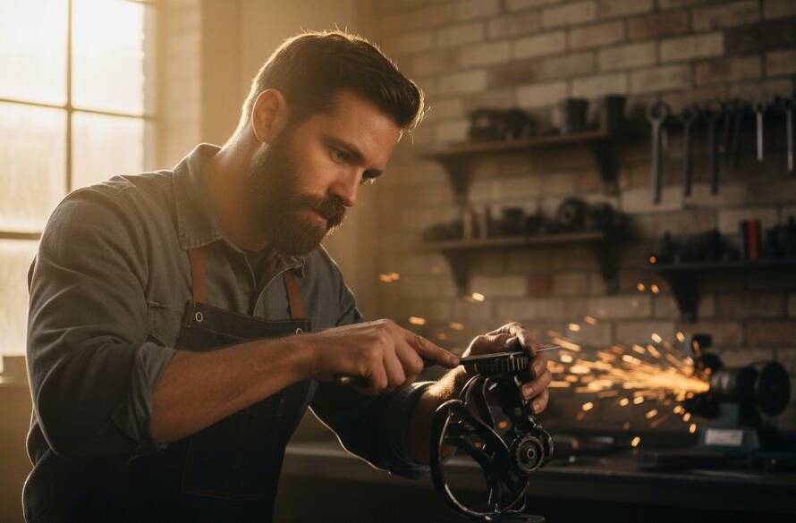A dramatic, cinematic shot of a local artisan in Brooklyn, Victoria, proudly showcasing their handcrafted product in their workshop, perfectly illustrating impactful branding photography Brooklyn Victoria small businesses need to tell their authentic story.