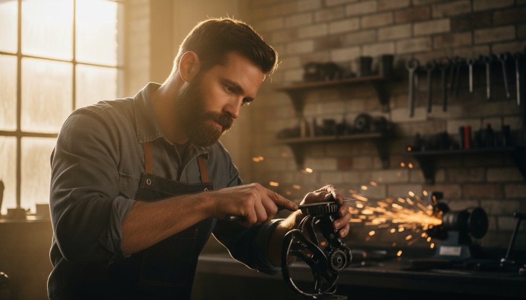A dramatic, cinematic shot of a local artisan in Brooklyn, Victoria, proudly showcasing their handcrafted product in their workshop, perfectly illustrating impactful branding photography Brooklyn Victoria small businesses need to tell their authentic story.