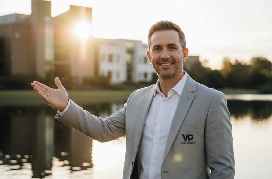 An epic, professionally colour-graded photograph of a confident Waurn Ponds entrepreneur in action, bathed in dramatic golden hour light overlooking the Barwon River, exemplifying impactful branding photography for Waurn Ponds entrepreneurs.