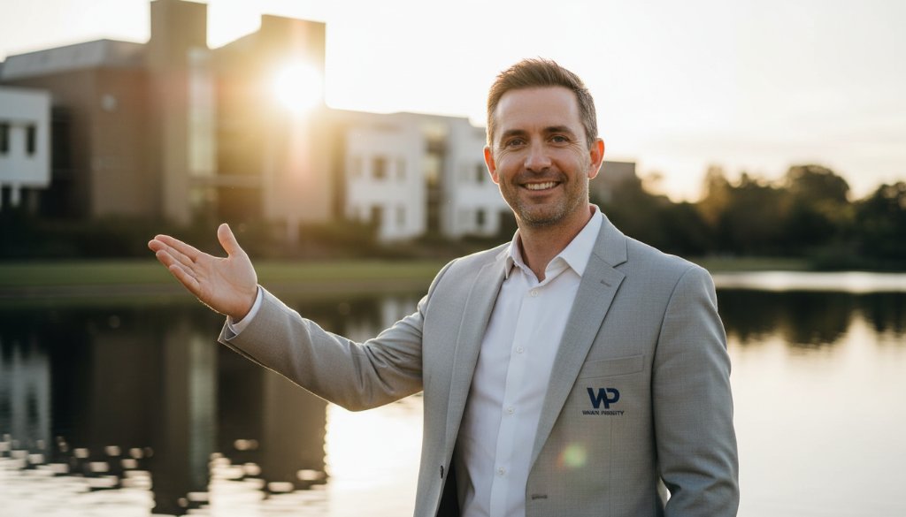 An epic, professionally colour-graded photograph of a confident Waurn Ponds entrepreneur in action, bathed in dramatic golden hour light overlooking the Barwon River, exemplifying impactful branding photography for Waurn Ponds entrepreneurs.