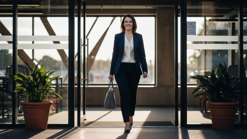 An impactful business branding photography Forest Hill moment: A confident female entrepreneur stands powerfully against the modern, sunlit architecture of the Forest Hill Chase shopping centre's exterior, her dynamic posture and authentic smile illuminated by dramatic golden hour light, reflecting success and approachability.