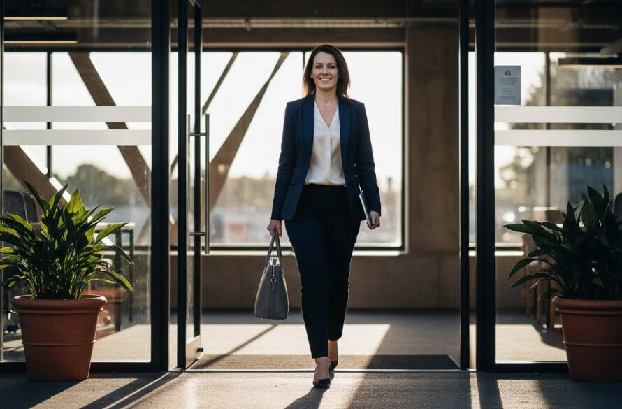 An impactful business branding photography Forest Hill moment: A confident female entrepreneur stands powerfully against the modern, sunlit architecture of the Forest Hill Chase shopping centre's exterior, her dynamic posture and authentic smile illuminated by dramatic golden hour light, reflecting success and approachability.
