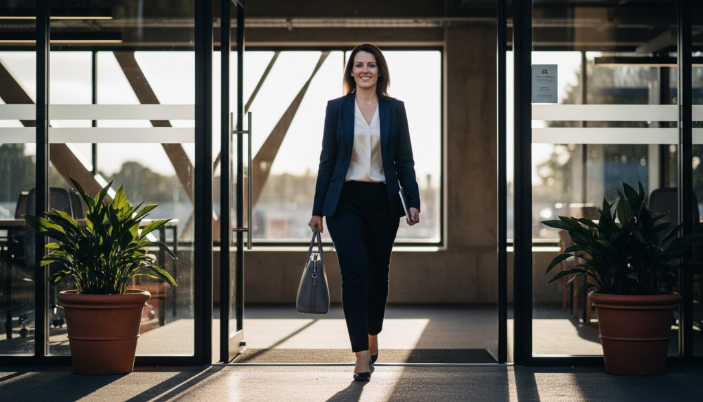 An impactful business branding photography Forest Hill moment: A confident female entrepreneur stands powerfully against the modern, sunlit architecture of the Forest Hill Chase shopping centre's exterior, her dynamic posture and authentic smile illuminated by dramatic golden hour light, reflecting success and approachability.