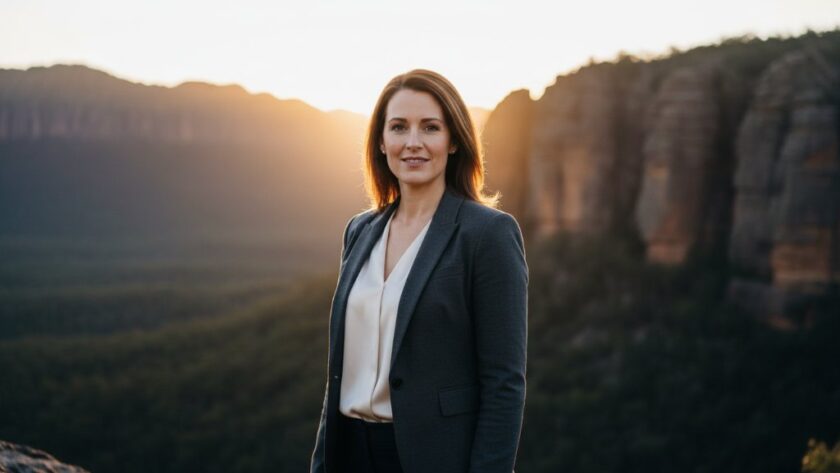 A confident female professional in Stawell, Victoria, captured with an impactful career headshot, featuring the iconic Grampians backdrop and dramatic, golden hour lighting.