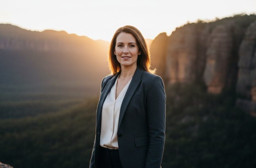 A confident female professional in Stawell, Victoria, captured with an impactful career headshot, featuring the iconic Grampians backdrop and dramatic, golden hour lighting.