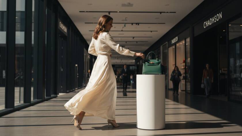 A captivating wide-angle shot of a new luxury product display in a modern Chadstone retail store, bathed in dramatic, warm spotlights, with blurred, enthusiastic shoppers in the background, embodying impactful Chadstone retail advertising photography.