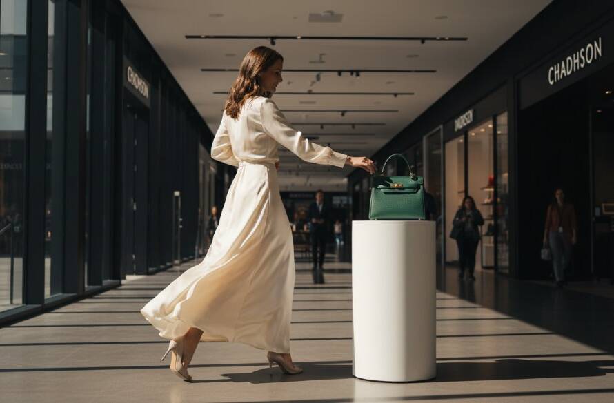 A captivating wide-angle shot of a new luxury product display in a modern Chadstone retail store, bathed in dramatic, warm spotlights, with blurred, enthusiastic shoppers in the background, embodying impactful Chadstone retail advertising photography.
