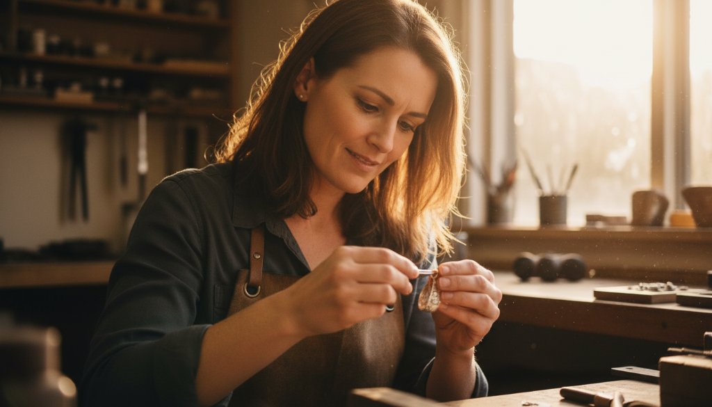 Dynamic shot of a local small business owner in Wantirna South confidently showcasing their unique product, bathed in dramatic natural light filtering through a large window, conveying an impactful commercial imagery Wantirna South for local brands feel.