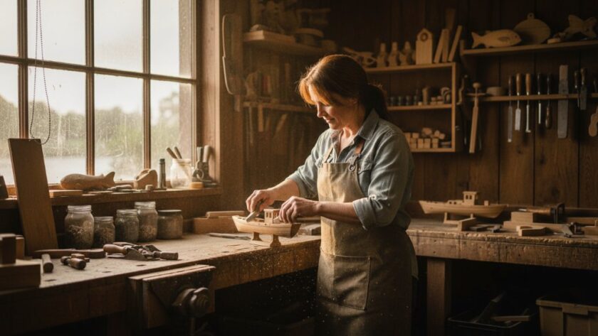 Dynamic wide shot showing impactful commercial photography Bairnsdale businesses can use, featuring a skilled local artisan proudly displaying their handcrafted product in a rustic workshop bathed in warm, cinematic golden hour light, capturing an epic moment of dedication and craftsmanship.