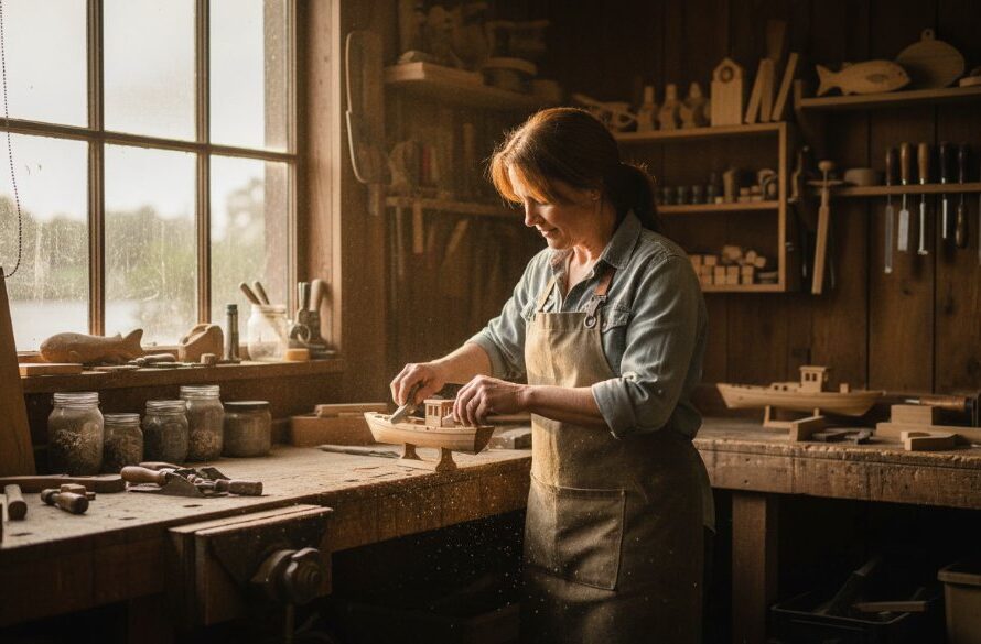 Dynamic wide shot showing impactful commercial photography Bairnsdale businesses can use, featuring a skilled local artisan proudly displaying their handcrafted product in a rustic workshop bathed in warm, cinematic golden hour light, capturing an epic moment of dedication and craftsmanship.