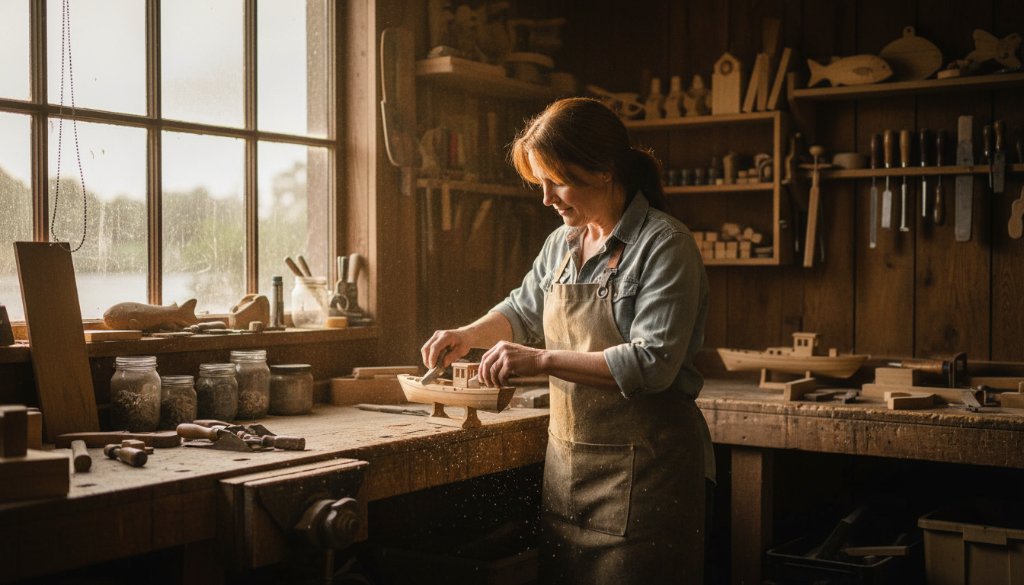 Dynamic wide shot showing impactful commercial photography Bairnsdale businesses can use, featuring a skilled local artisan proudly displaying their handcrafted product in a rustic workshop bathed in warm, cinematic golden hour light, capturing an epic moment of dedication and craftsmanship.