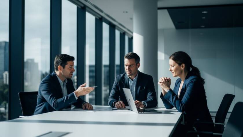Dramatic, cinematic photograph showcasing an impactful commercial photography Burwood East businesses project: a high-tech startup team collaborating intensely in a modern, light-filled office space in Burwood East, Victoria, with a wide-angle lens capturing their focused energy and innovation at an 'epic moment', professional colour grading and dynamic lighting.
