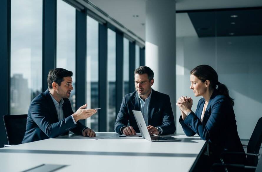 Dramatic, cinematic photograph showcasing an impactful commercial photography Burwood East businesses project: a high-tech startup team collaborating intensely in a modern, light-filled office space in Burwood East, Victoria, with a wide-angle lens capturing their focused energy and innovation at an 'epic moment', professional colour grading and dynamic lighting.