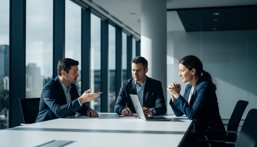 Dramatic, cinematic photograph showcasing an impactful commercial photography Burwood East businesses project: a high-tech startup team collaborating intensely in a modern, light-filled office space in Burwood East, Victoria, with a wide-angle lens capturing their focused energy and innovation at an 'epic moment', professional colour grading and dynamic lighting.