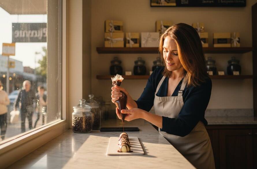 An impactful commercial photography shot showcasing a vibrant local cafe owner in Chelsea, Victoria, proudly serving a beautifully crafted coffee, bathed in warm, natural morning light streaming through large windows, with blurred customers in the background creating a lively atmosphere. This 'epic moment' captures the essence of Chelsea's thriving local business scene.