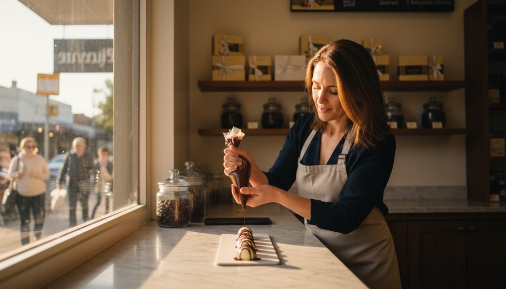 An impactful commercial photography shot showcasing a vibrant local cafe owner in Chelsea, Victoria, proudly serving a beautifully crafted coffee, bathed in warm, natural morning light streaming through large windows, with blurred customers in the background creating a lively atmosphere. This 'epic moment' captures the essence of Chelsea's thriving local business scene.