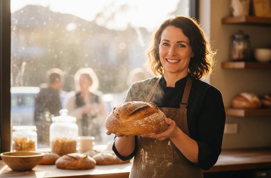 Impactful Commercial Photography Vermont South showcasing a vibrant local cafe owner proudly presenting a perfectly crafted latte, illuminated by golden hour light, with a bustling, modern interior in the background, capturing a genuine moment of entrepreneurship.