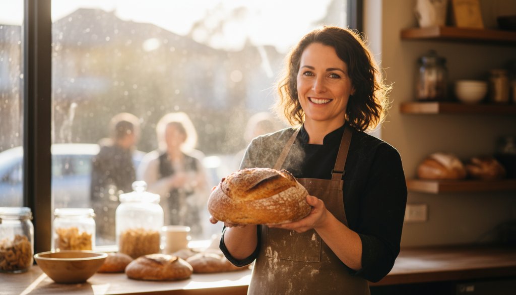 Impactful Commercial Photography Vermont South showcasing a vibrant local cafe owner proudly presenting a perfectly crafted latte, illuminated by golden hour light, with a bustling, modern interior in the background, capturing a genuine moment of entrepreneurship.