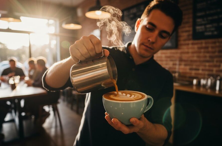 Dynamic, low-angle shot of a local Wendouree café owner expertly crafting a latte with steam rising, customers blurred in the background, showcasing the vibrant atmosphere and impactful commercial photography Wendouree businesses can achieve through professional imagery; dramatic natural light streaming through the window, professional colour grading.