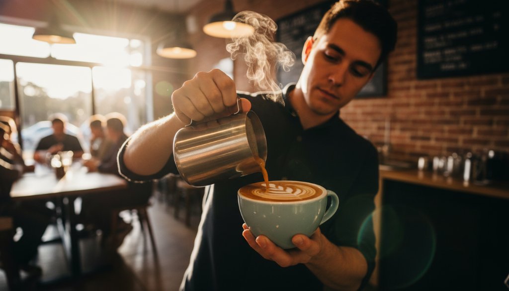 Dynamic, low-angle shot of a local Wendouree café owner expertly crafting a latte with steam rising, customers blurred in the background, showcasing the vibrant atmosphere and impactful commercial photography Wendouree businesses can achieve through professional imagery; dramatic natural light streaming through the window, professional colour grading.