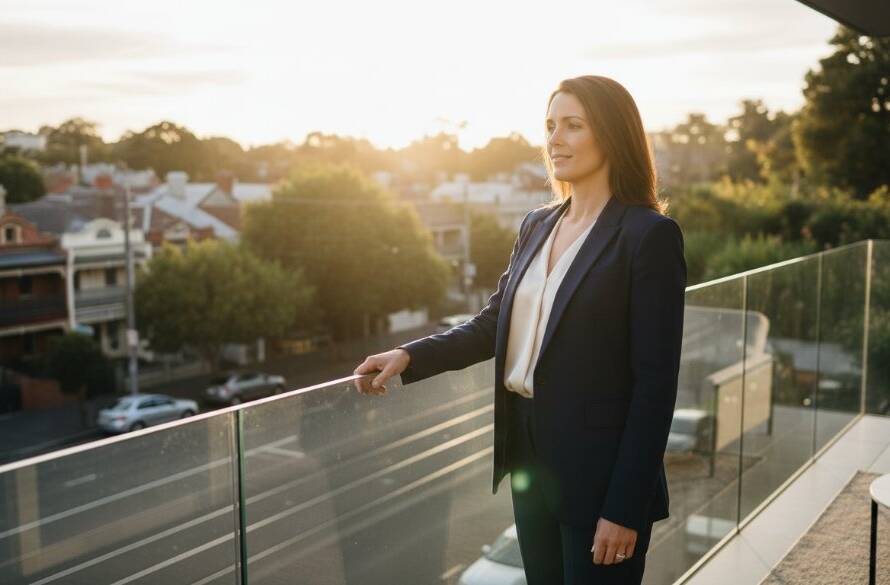 Dynamic portrait of a confident business leader receiving an award, bathed in golden hour light at a modern Brighton East office, showcasing impactful corporate branding photography Brighton East Victoria.