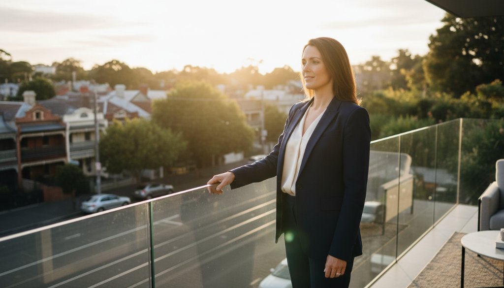 Dynamic portrait of a confident business leader receiving an award, bathed in golden hour light at a modern Brighton East office, showcasing impactful corporate branding photography Brighton East Victoria.