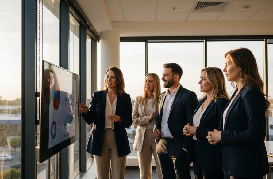 An impactful corporate branding photography Epsom Victoria hero shot featuring a diverse team of professionals collaborating dynamically in a modern, sunlit office space, embodying success and innovation. Dramatic, warm lighting highlights their focused expressions, with the vibrant energy of Epsom's growing business community subtly hinted through reflections in large windows. A cinematic, wide-angle shot with professional colour grading.