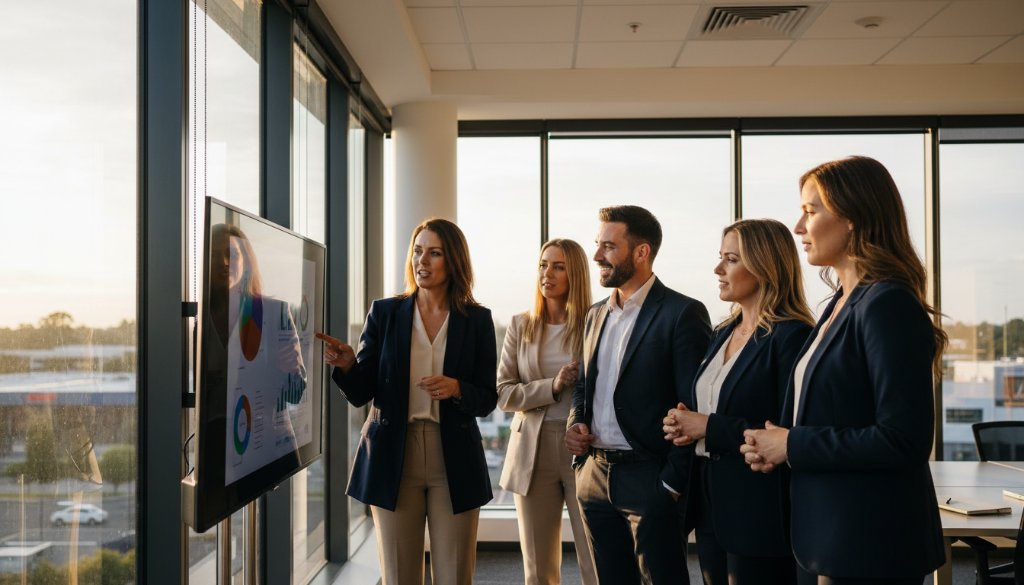 An impactful corporate branding photography Epsom Victoria hero shot featuring a diverse team of professionals collaborating dynamically in a modern, sunlit office space, embodying success and innovation. Dramatic, warm lighting highlights their focused expressions, with the vibrant energy of Epsom's growing business community subtly hinted through reflections in large windows. A cinematic, wide-angle shot with professional colour grading.