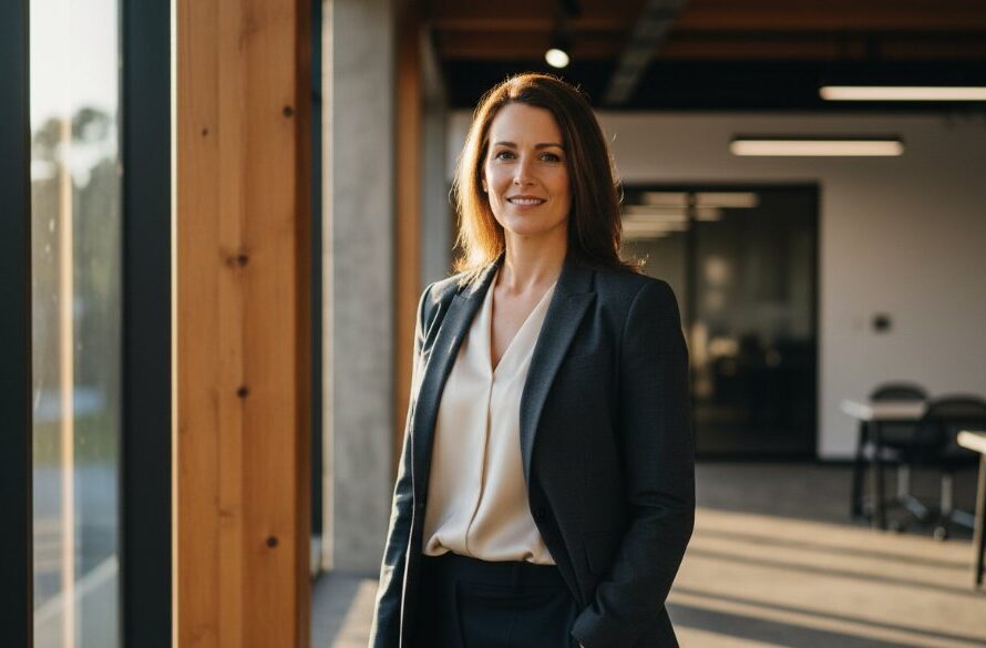 Dynamic, cinematic portrait showcasing a confident business professional in Mount Helen, Victoria, against a subtly blurred backdrop of the Federation University Australia campus, capturing impactful corporate headshots Mount Helen Victoria with professional lighting and colour grading.
